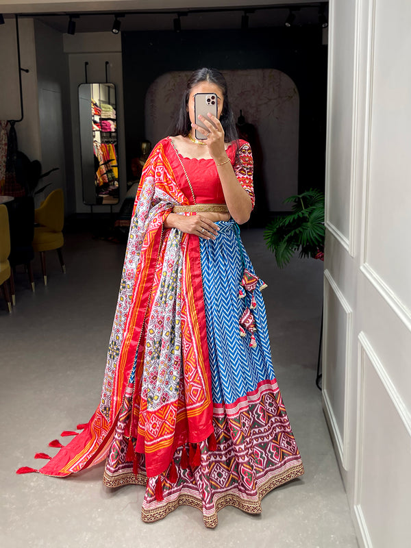 Chinon Laheriya-Patola Print With  Sequins Embroided Lehenga Choli