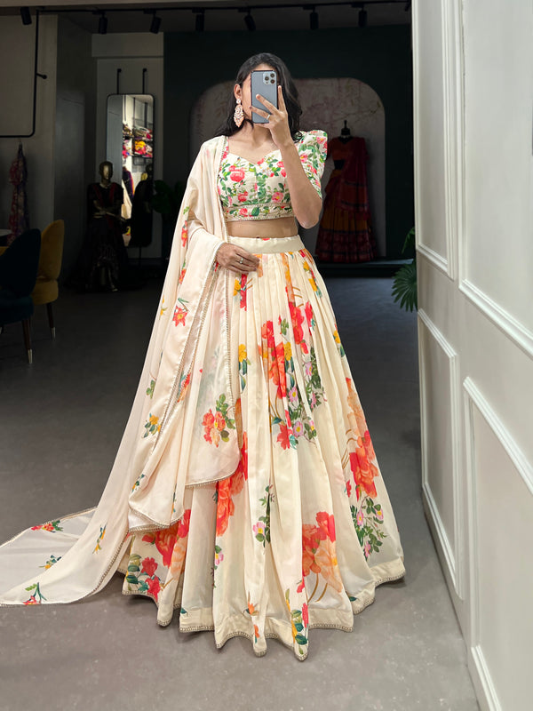 Designer Cream Floral Printed  Lehenga Choli