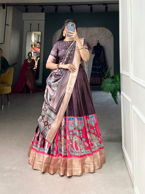 Dola Silk  & Kalamkari Print  Lehenga Choli  with  Duppta