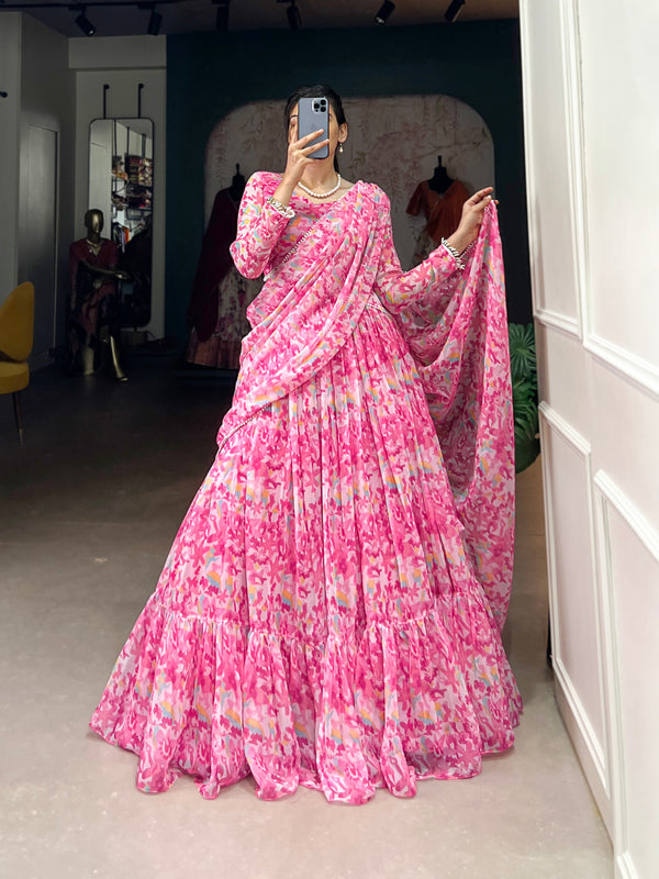 Attretive Pink  Printed Georgetted Lehenga Choli  With Dupatta