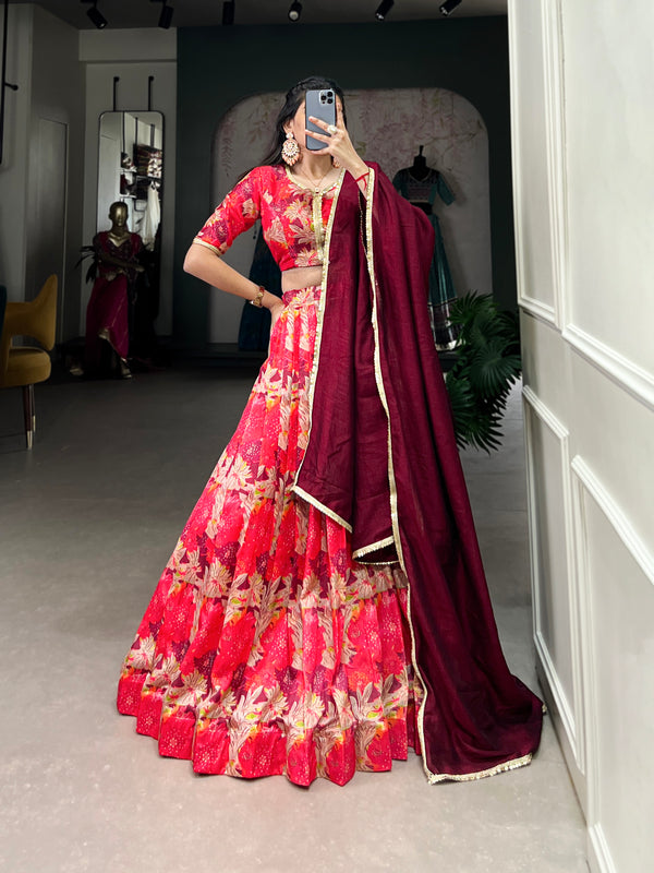 Attractive red Tussar Silk & Printed Lehenga Choli With Dupatta