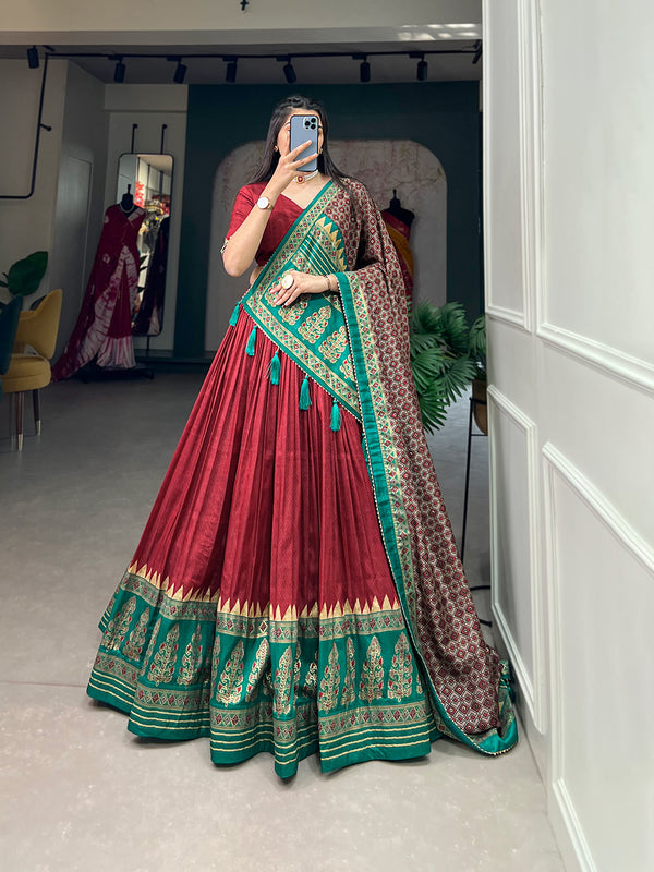 Attractive red Tussar Silk & Printed Lehenga Choli With Dupatta