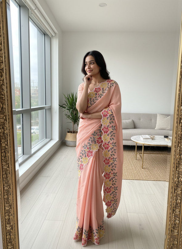 Party Wear Saree With Embroidery Cutwork work lace border