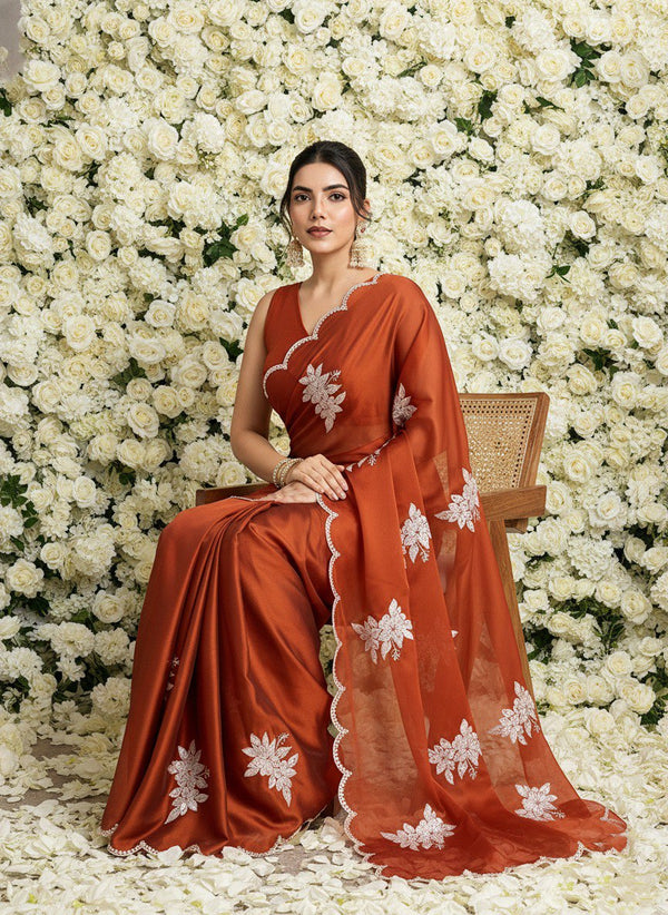 Party Wear Saree With Embroidery Sequence With Cutwork Border