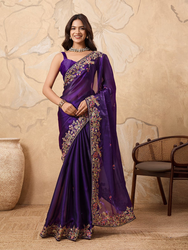 Party Wear Zimmy Chu Saree With Embroidery Sequance With Cutwork Border