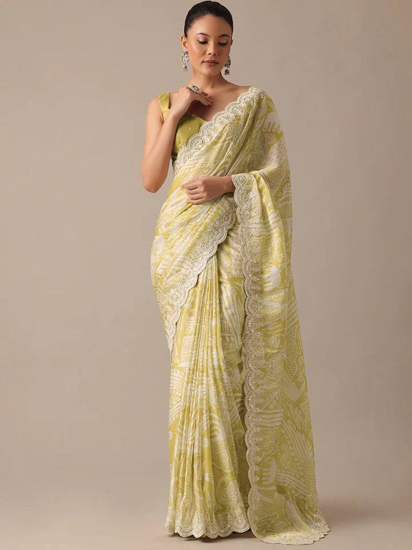 Party Wear Saree With Digital Prints & Embroidery Codding Work