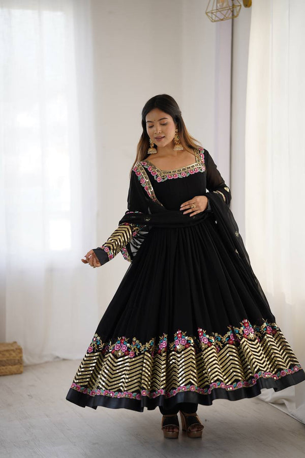 Designer Gown-Dupatta With Multi Thread Embroidery Sequence Work