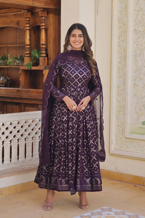 Designer Gown And Dupatta With Sequins Embroidered Work