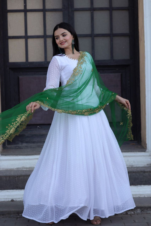Designer Gown And Dupatta With Zari Embroidery Work