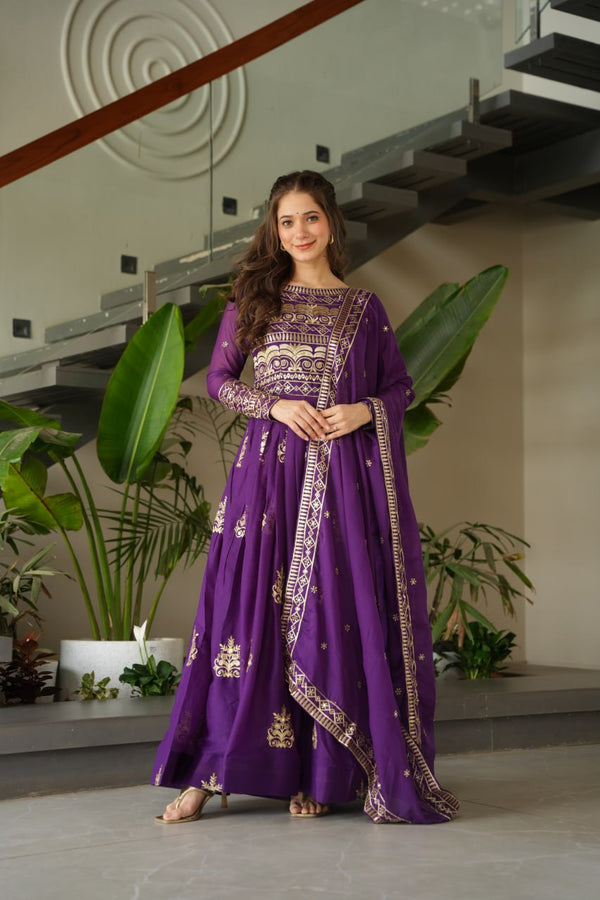 Designer Gown And Dupatta With Sequins-Multi And Embroidered Work