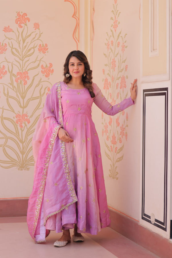 Party Wear Gown And Dupatta With Sequins-Multi Embroidered Work
