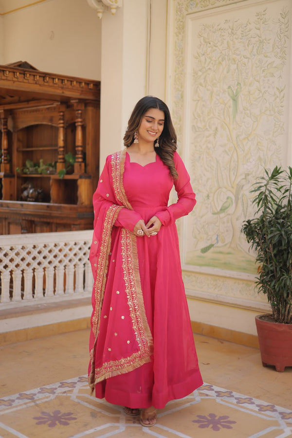 Designer Gown-Dupatta With Attractive Embroidered Sequins Work