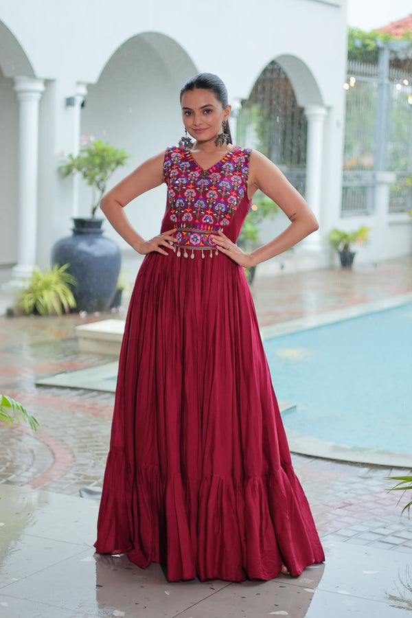 Navratri Special Gown With Thread Embroidered & Mirror Work