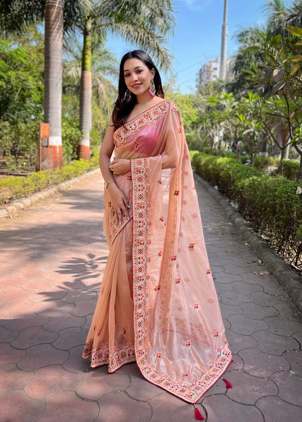 Party Wear Saree With Thread & Zari Dori Embroidery work