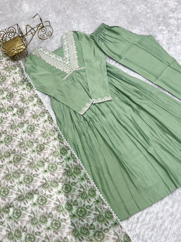 Beautiful Party Wear Naira Cut Kurti Pent And Dupatta