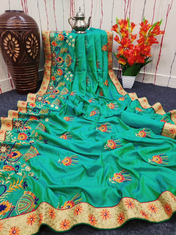 Beautiful Saree With Embroidery Work With Flower Design Print Work