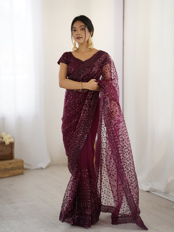 Party Wear Look Designer Saree With Sequins & Dori Work