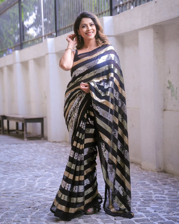 Designer Saree With Beautiful Triple Sequence Embroidery Work