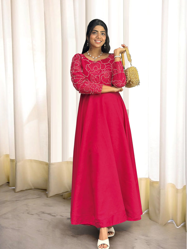 Designer Gown And Bottom With Embroidery Thread And Sequins Work