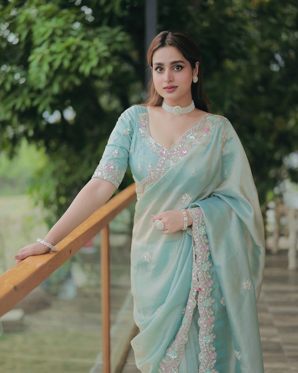 Party Wear Saree With Sequence And Cording Embroidery Work