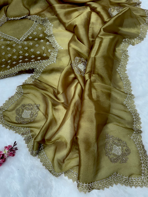 Designer Party Wear Saree With Jarkhan Diamond Work