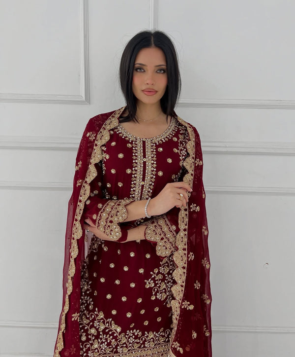 Designer Top-Plazzo And Dupatta With Embroidery Sequence Work