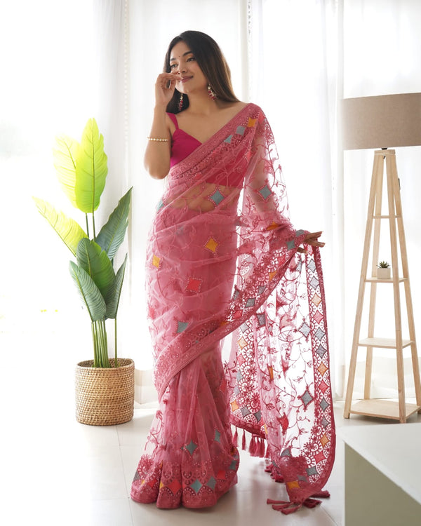 Designer Saree With Multi Color Thread And Zari Embroidery Work