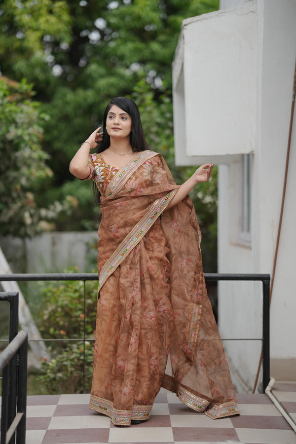 Beautiful Designer Embroidered Saree With Multi Color Thread Work