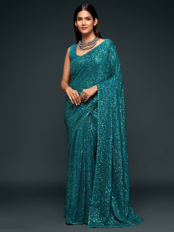 Attractive Teal  Blue Sequined Georgette Party Wear Saree