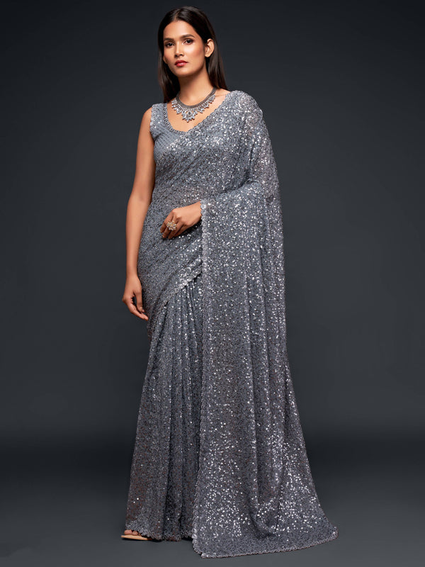 Amazing Slate Grey Sequined Georgette Party Wear Saree