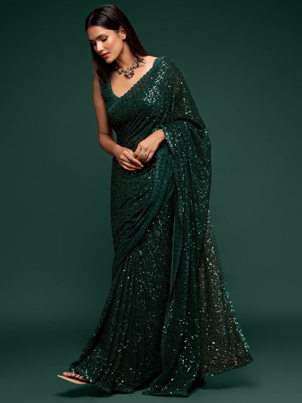 Awesome Deep Green Sequined Georgette Party Wear Saree