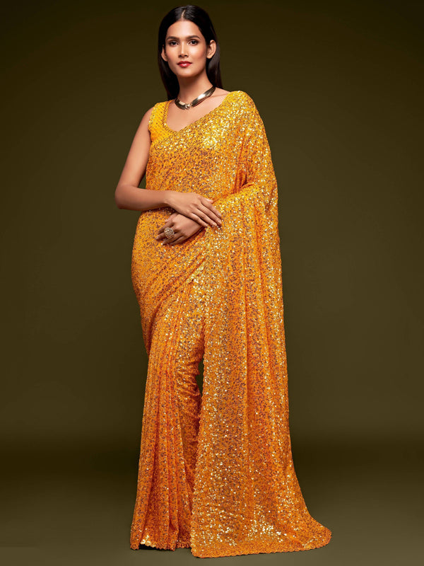 Lovely Honey Yellow Sequined Georgette Party Wear Saree