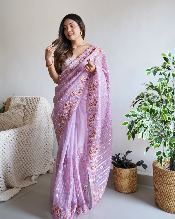 Party Wear Saree With Multi Thread & Sequence Embroidery Work