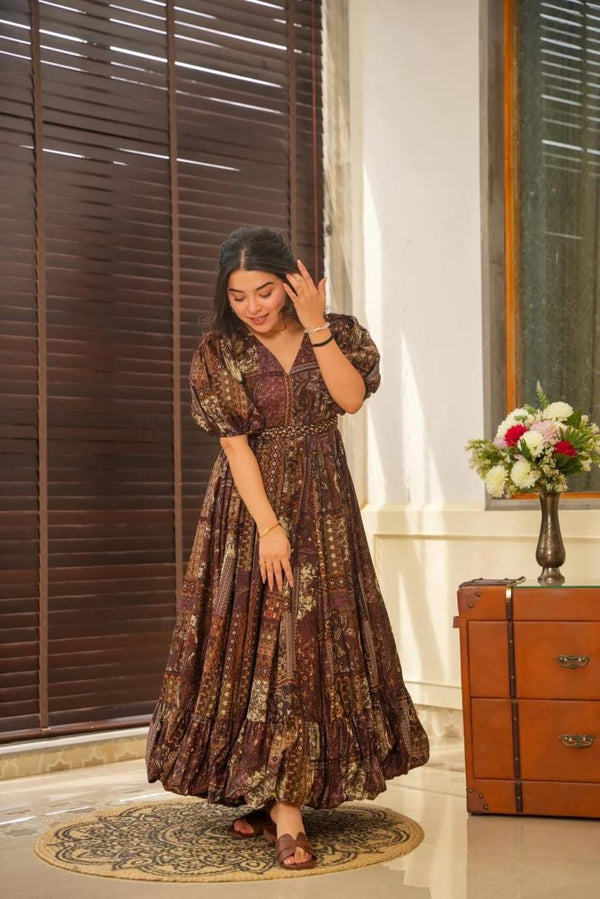 Beautiful Party Wear Look Gown With Printed And Frill Work